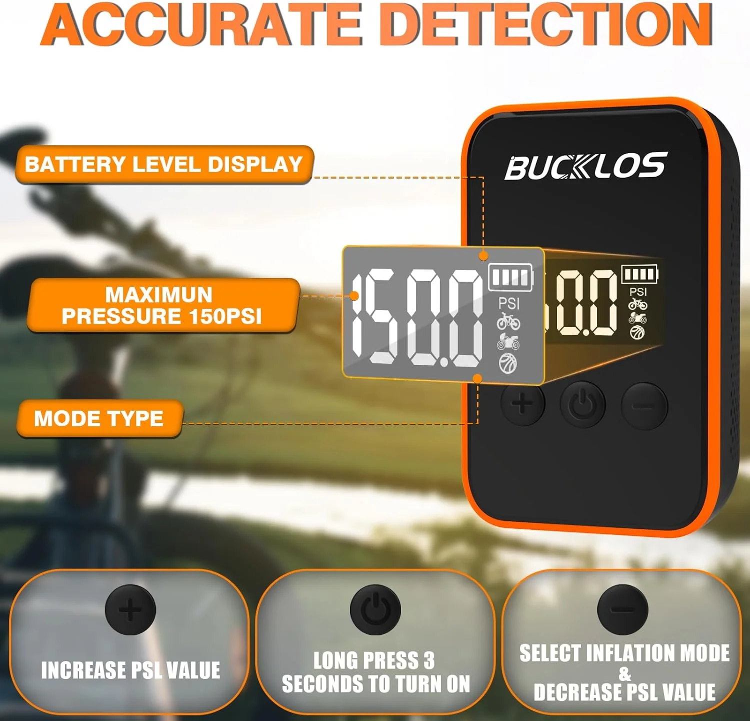 پمپ برقی کوچک دوچرخه BUCKLOS با نمایشگر LED، تلمبه باد قابل حمل 150PSI، پمپ هوای قابل شارژ Type-C با باتری 2000mAh، دریچه های Presta & Schrader، برای دوچرخه های جاده، کوهستان و دوچرخه های الکترونیکی