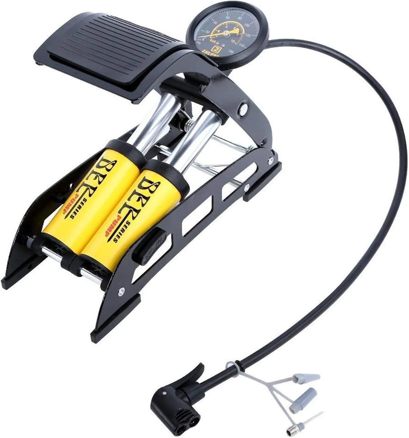 پمپ باد دو پدال آلومینیومی قابل حمل بیرمون 160 PSI فشار قوی برای دوچرخه، ماشین، فوتبال و غیره (رنگ زرد - 1 عدد)