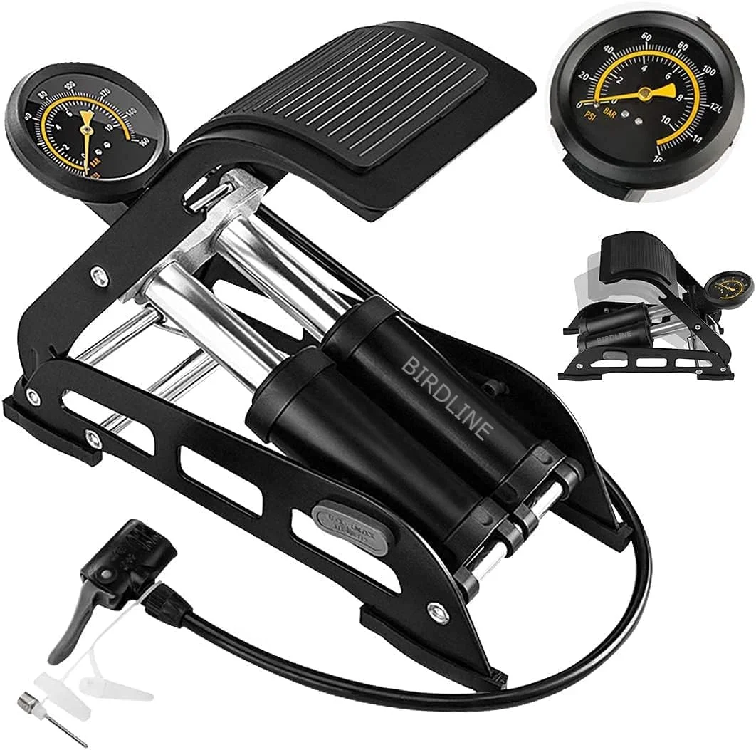 پمپ باد پدالی دو سیلندر BIRDLINE، پمپ هوای فشار قوی قابل حمل برای دوچرخه، موتور سیکلت، ماشین، فوتبال، والیبال و تیوپلس (چند رنگ)