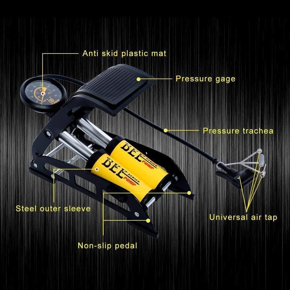 پمپ باد دو پدال آلومینیومی قابل حمل بیرمون 160 PSI فشار قوی برای دوچرخه، ماشین، فوتبال و غیره (رنگ زرد - 1 عدد)