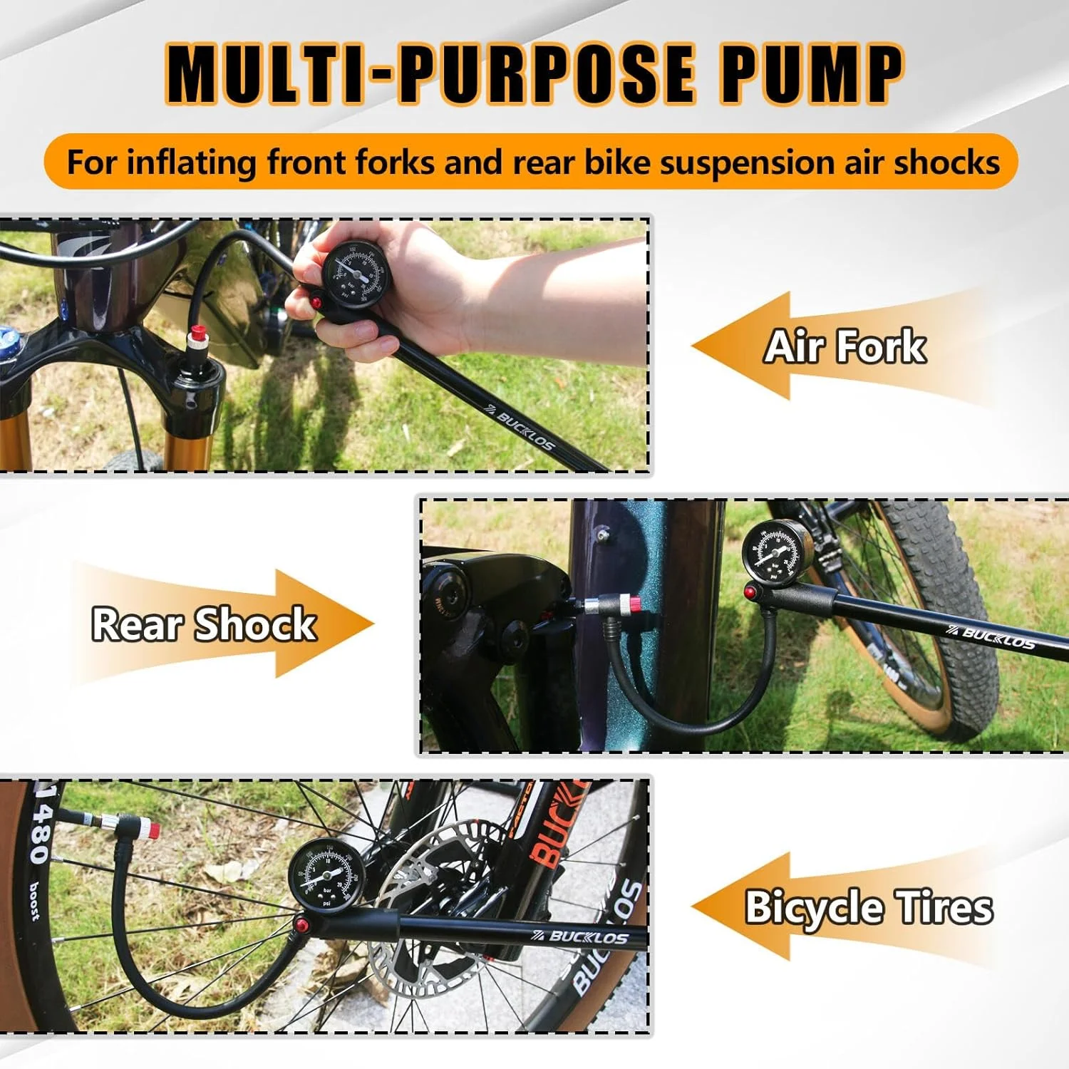 پمپ کمک فنر دوچرخه کوهستان باکلوس، پمپ های بادی کمک فنر عقب و دوشاخ جلو با فشار بالا 300 PSI به همراه گیج فشار، مناسب برای دوچرخه های MTB و جاده، دارای شیر شردر بدون نشتی هوا، ابزار دوچرخه