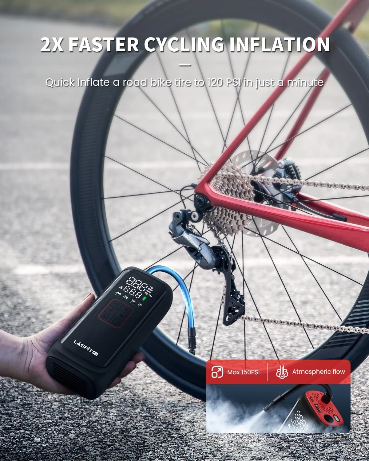 پمپ باد دوچرخه LASFIT BM1 [هوشمند، 2 برابر سریع] پمپ برقی 150PSI، کمپرسور باد قابل حمل 4000mAh برای موتورسیکلت، دارای گیج فشار دیجیتال، توقف خودکار، شیر Schrader Presta