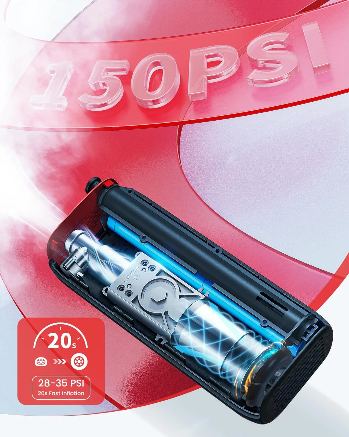 پمپ باد دوچرخه LASFIT BM1 [هوشمند، 2 برابر سریع] پمپ برقی 150PSI، کمپرسور باد قابل حمل 4000mAh برای موتورسیکلت، دارای گیج فشار دیجیتال، توقف خودکار، شیر Schrader Presta