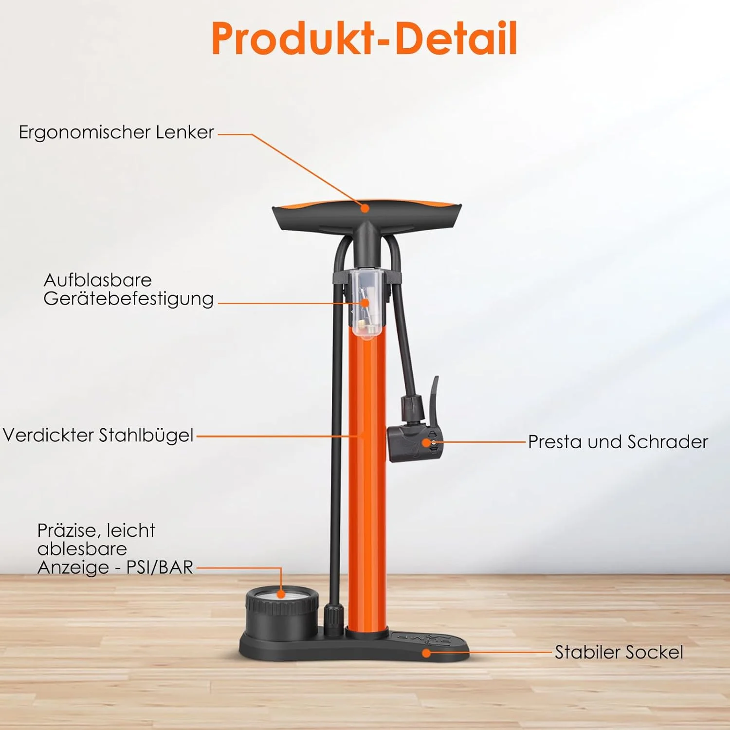 پمپ باد دوچرخه، پمپ ایستاده دوچرخه برای همه دریچه‌ها 11 بار/160 پی اس آی، پمپ ایستاده فشار قوی با درجه فشار، پمپ ایستاده برای دوچرخه کورسی، دوچرخه برقی، دوچرخه کوهستان، پمپ توپ فوتبال برای فرانسوی