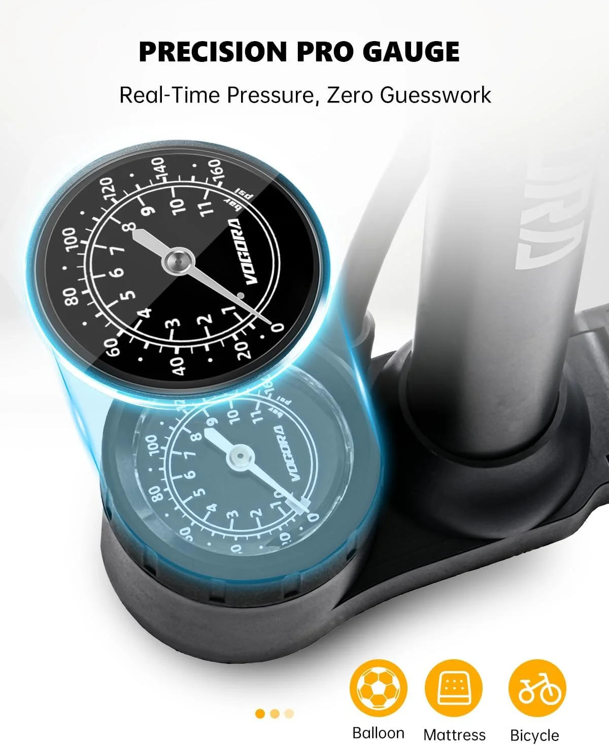 تلمبه دوچرخه VOGORA با فشارسنج دقیق، تلمبه باد دوچرخه 160 PSI با والف های پرستا و شرادر، تلمبه پایی برای تایر، توپ و وسایل بادی