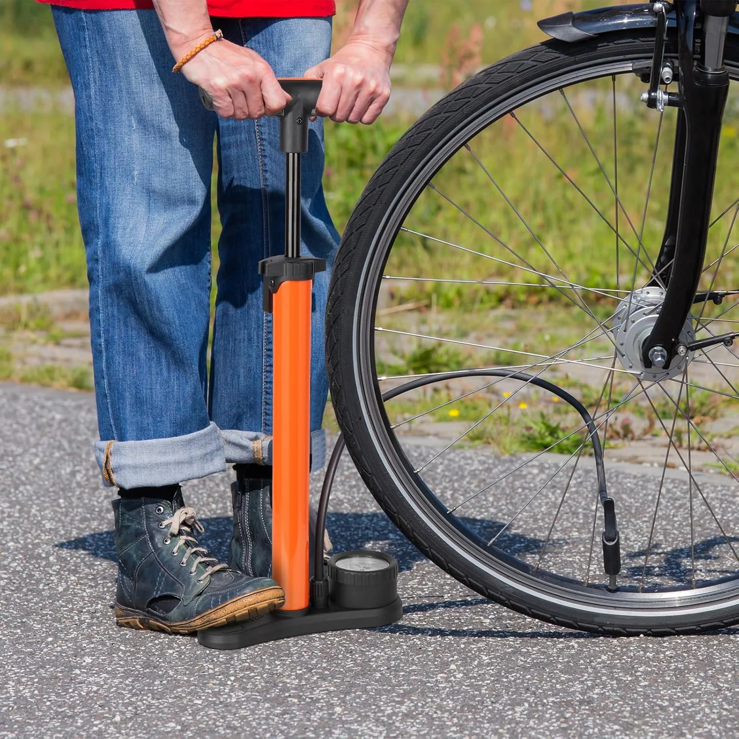 پمپ باد دوچرخه، پمپ ایستاده دوچرخه برای همه دریچه‌ها 11 بار/160 پی اس آی، پمپ ایستاده فشار قوی با درجه فشار، پمپ ایستاده برای دوچرخه کورسی، دوچرخه برقی، دوچرخه کوهستان، پمپ توپ فوتبال برای فرانسوی