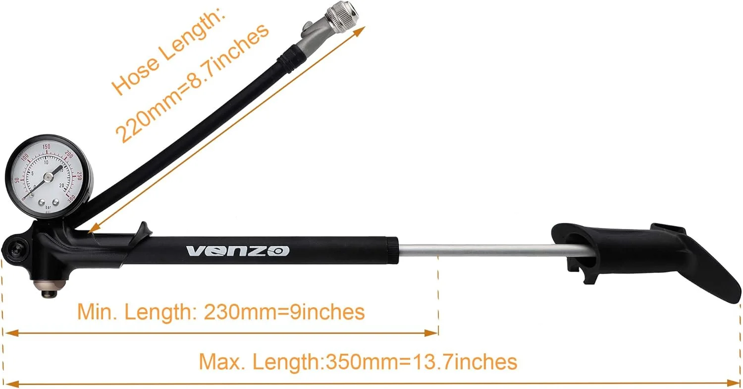 تلمبه دوچرخه ونزو با فشار بالا 300 PSI، دو طرفه با گیج، مناسب برای دوشاخ و کمک فنر عقب، مینی پمپ هوا برای دوچرخه کوهستان و دانهیل - نازل بدون هدر رفت هوا
