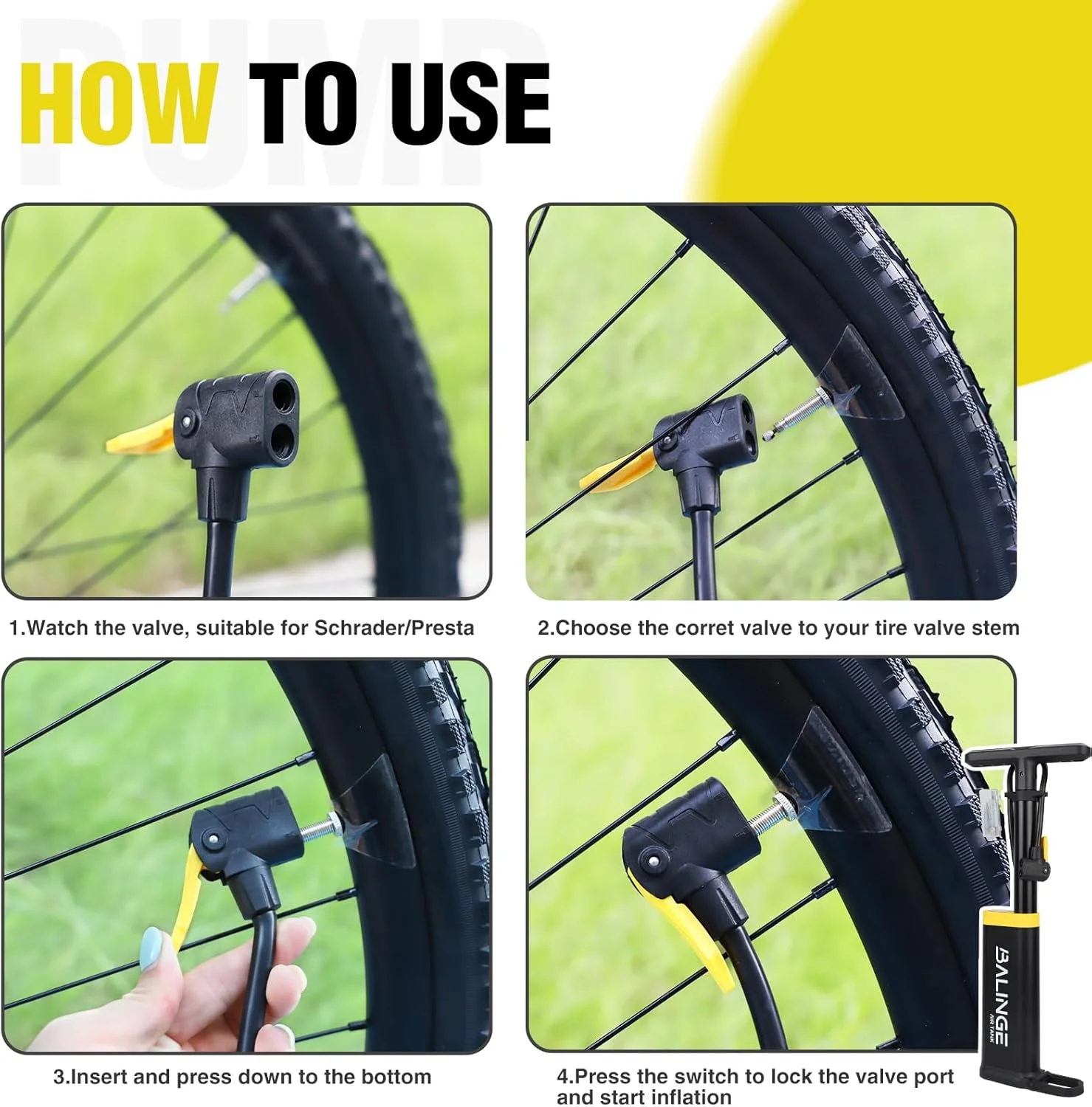 پمپ باد ایستاده قابل حمل فشار قوی، تا 120 PSI، دارای فشارسنج آنالوگ، دو دریچه، دسته ارگونومیک، مناسب برای والف های پرستا، شرادر و دانلوپ، پمپ باد برای موتور سیکلت، دوچرخه، توپ