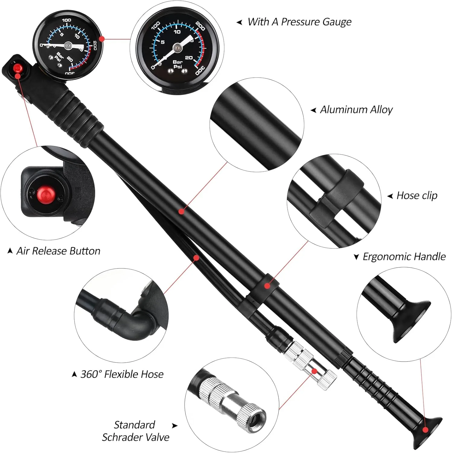 تلمبه شوک دوچرخه، تلمبه هوای فشار قوی 300 PSI با گیج برای دوشاخ جلو و عقب دوچرخه، کمک فنر، MTB