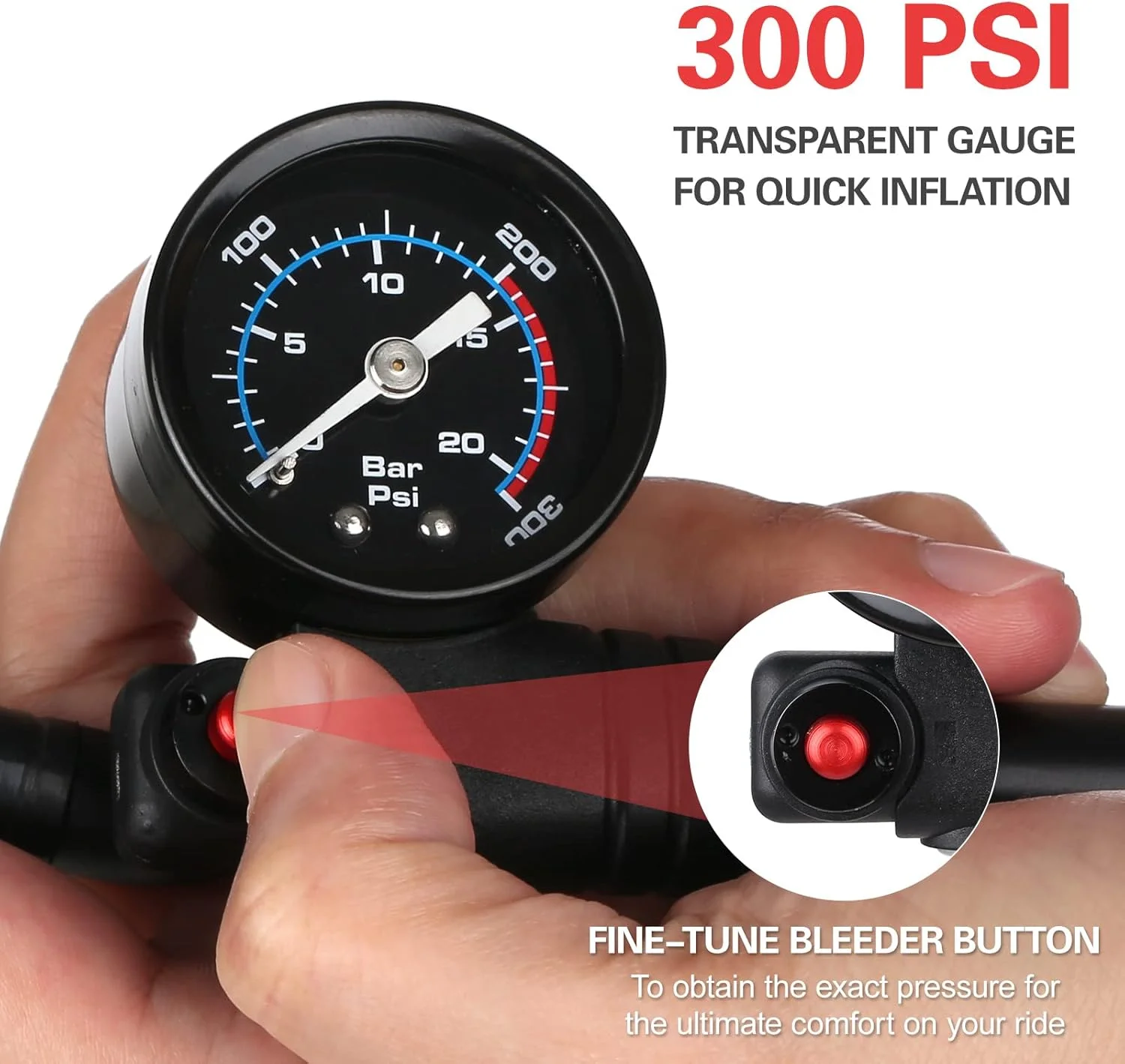 تلمبه شوک دوچرخه، تلمبه هوای فشار قوی 300 PSI با گیج برای دوشاخ جلو و عقب دوچرخه، کمک فنر، MTB