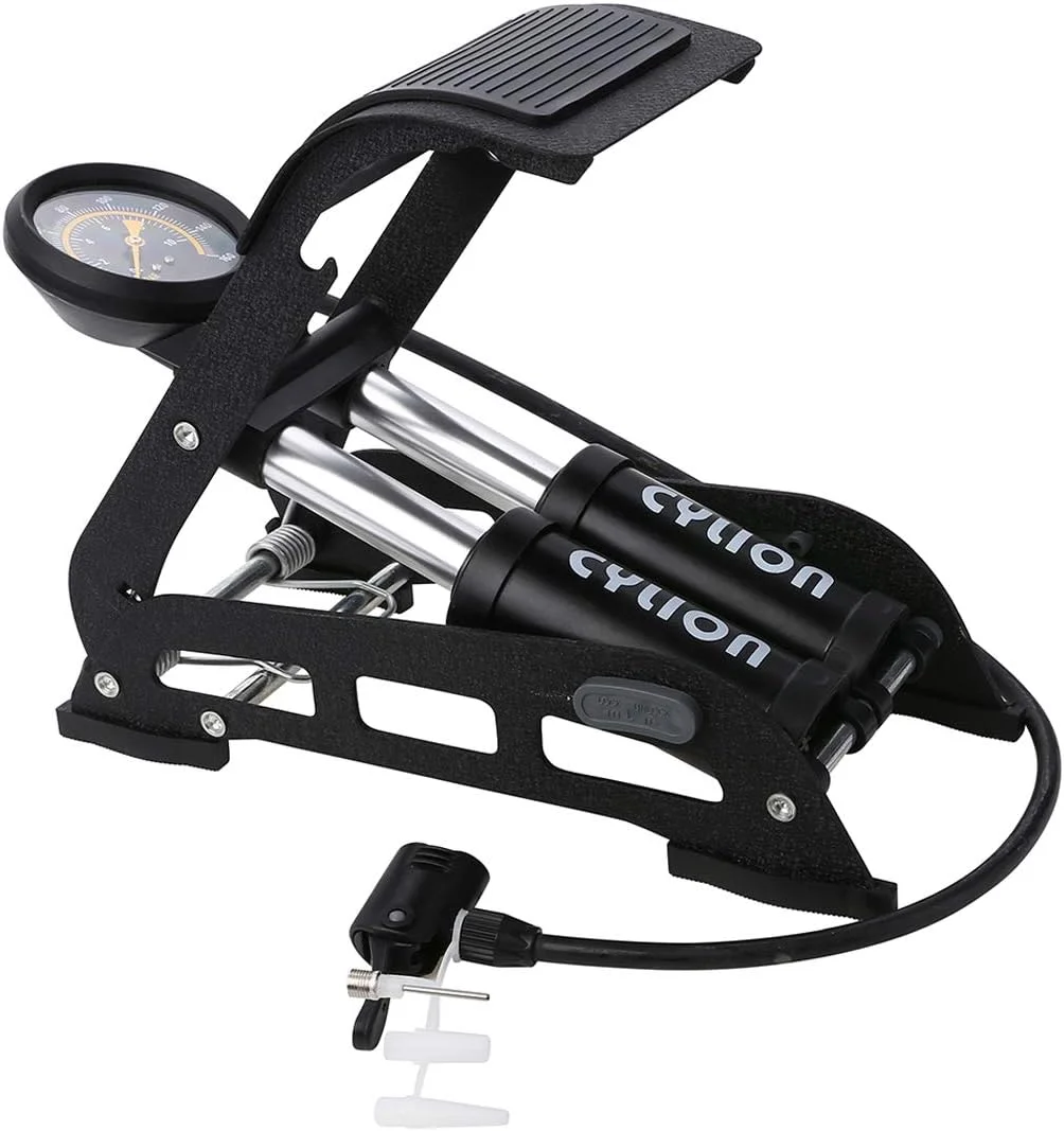 پمپ باد پدالی دو سیلندر قابل حمل با فشارسنج برای لاستیک خودرو، لاستیک دوچرخه، لاستیک موتور سیکلت، توپ، تشک بادی، قایق سواری و سایر وسایل بادی