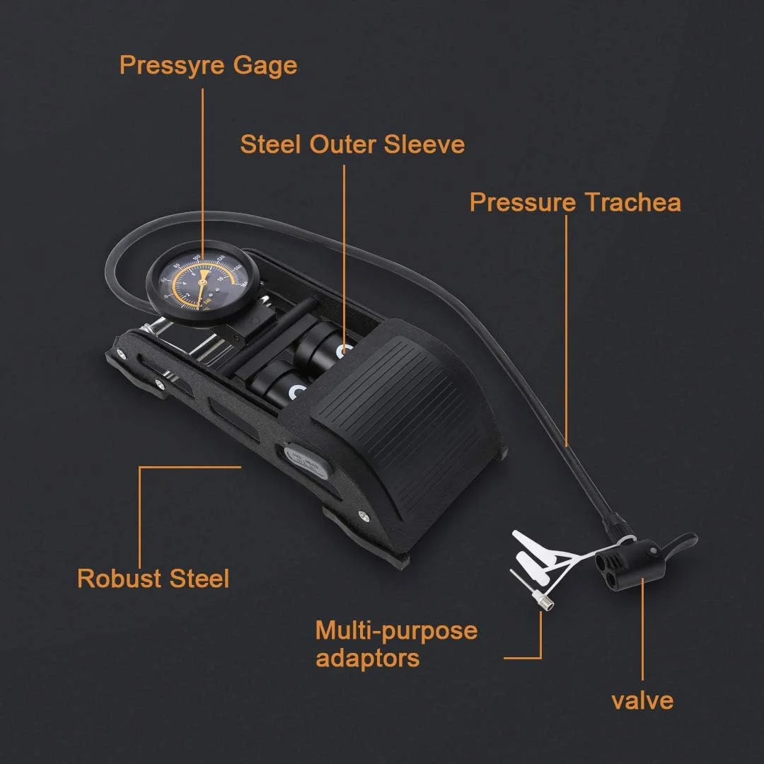 پمپ باد پدالی دو سیلندر قابل حمل با فشارسنج برای لاستیک خودرو، لاستیک دوچرخه، لاستیک موتور سیکلت، توپ، تشک بادی، قایق سواری و سایر وسایل بادی