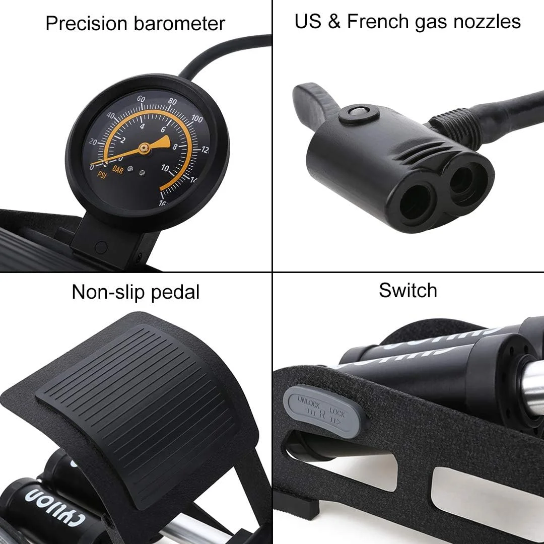 پمپ باد پدالی دو سیلندر قابل حمل با فشارسنج برای لاستیک خودرو، لاستیک دوچرخه، لاستیک موتور سیکلت، توپ، تشک بادی، قایق سواری و سایر وسایل بادی