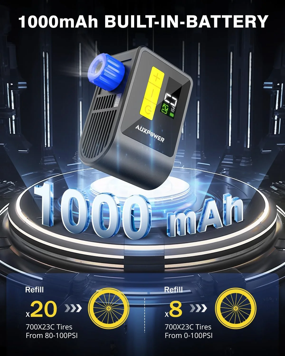 پمپ مینی دوچرخه Auxpower با فشارسنج، پمپ دوچرخه برقی 120PSI با والف پرستا و شرادر، توقف خودکار، پمپ دوچرخه سواری کمپینگ در فضای باز برای جاده، کوهستان، دوچرخه برقی و توپ های ورزشی