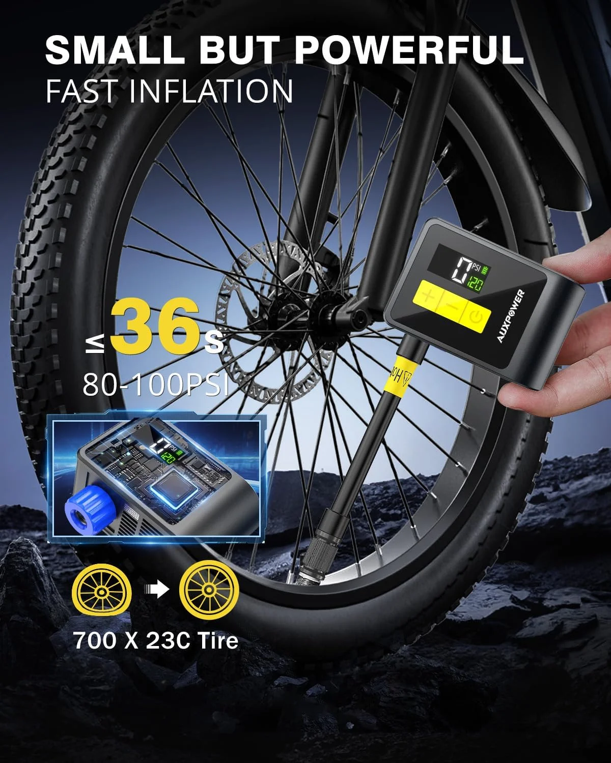 پمپ مینی دوچرخه Auxpower با فشارسنج، پمپ دوچرخه برقی 120PSI با والف پرستا و شرادر، توقف خودکار، پمپ دوچرخه سواری کمپینگ در فضای باز برای جاده، کوهستان، دوچرخه برقی و توپ های ورزشی