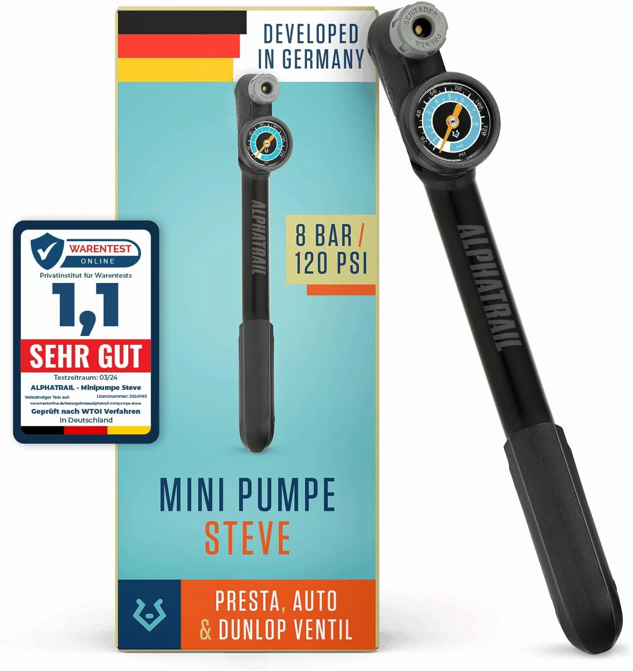 تلمبه مینی دوچرخه Alphatrail Steve - مناسب برای تمام والف ها، حداکثر فشار 120 PSI / 8.3 بار | گیج بزرگ (1.5 اینچ) | دسته T شکل ارگونومیک | تلمبه دوچرخه برای والف های پرستا، شرادر و دانلوپ