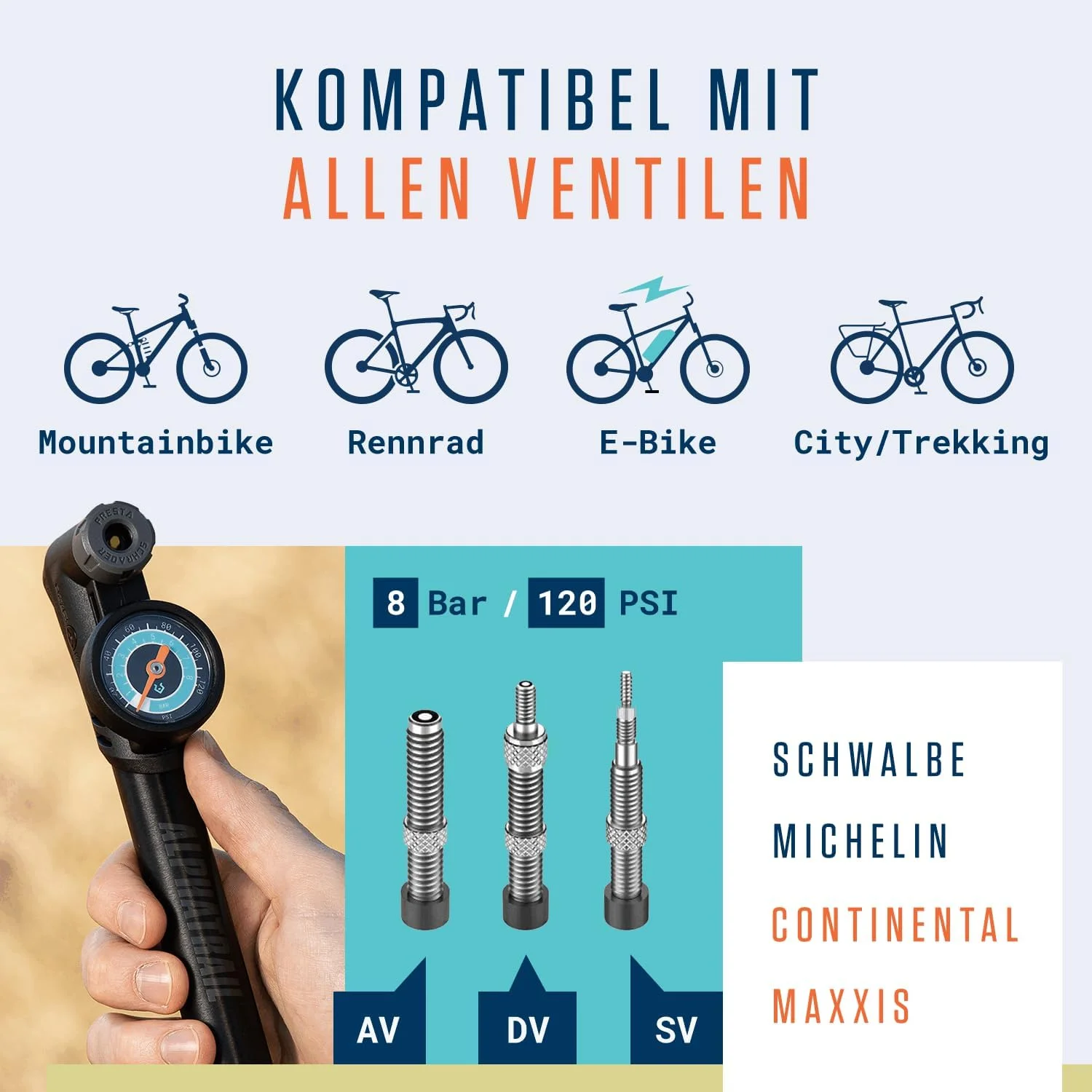 تلمبه مینی دوچرخه Alphatrail Steve - مناسب برای تمام والف ها، حداکثر فشار 120 PSI / 8.3 بار | گیج بزرگ (1.5 اینچ) | دسته T شکل ارگونومیک | تلمبه دوچرخه برای والف های پرستا، شرادر و دانلوپ