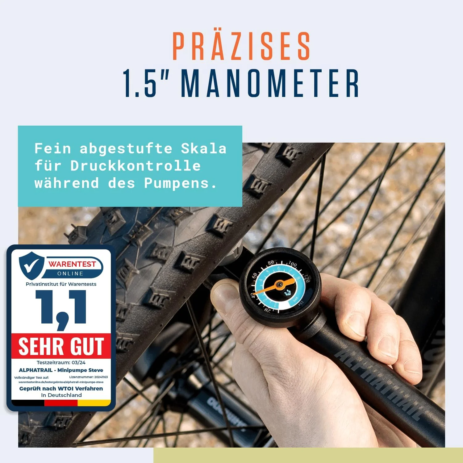 تلمبه مینی دوچرخه Alphatrail Steve - مناسب برای تمام والف ها، حداکثر فشار 120 PSI / 8.3 بار | گیج بزرگ (1.5 اینچ) | دسته T شکل ارگونومیک | تلمبه دوچرخه برای والف های پرستا، شرادر و دانلوپ