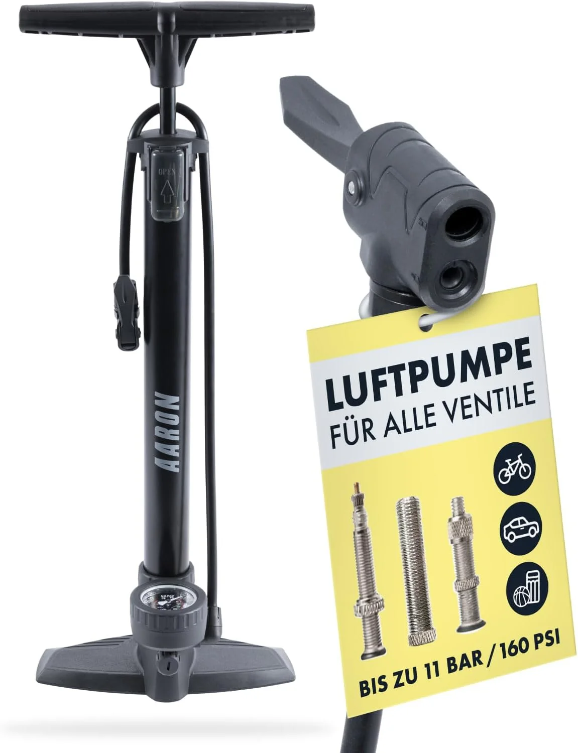 تلمبه زمینی دوچرخه AARON AIR با درجه فشار برای همه دریچه ها، تلمبه فشار قوی دوچرخه، دوچرخه کورسی، تلمبه هوا، تلمبه با اتصال توپی (خاکستری)