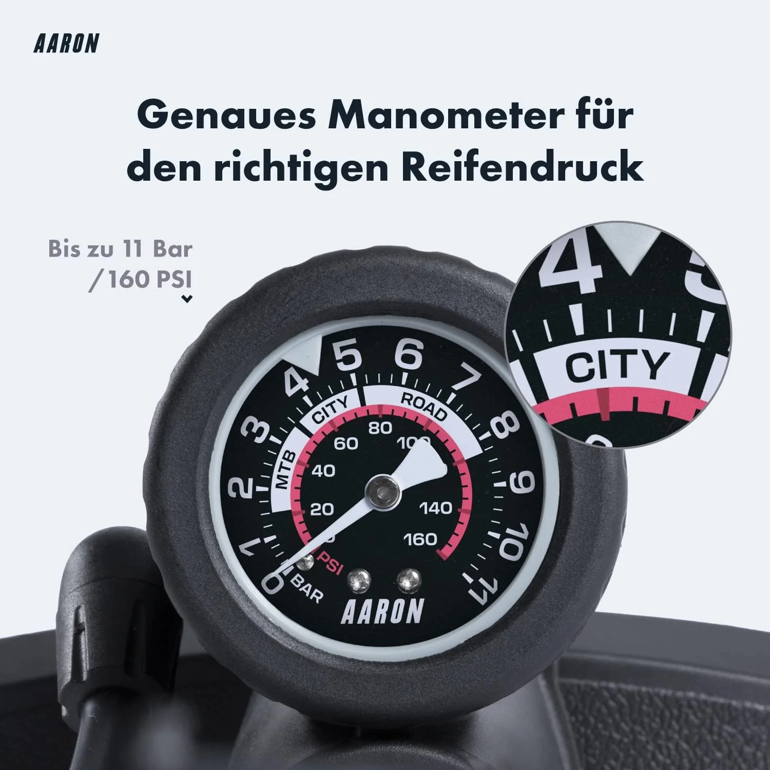 تلمبه زمینی دوچرخه AARON AIR با درجه فشار برای همه دریچه ها، تلمبه فشار قوی دوچرخه، دوچرخه کورسی، تلمبه هوا، تلمبه با اتصال توپی (خاکستری)