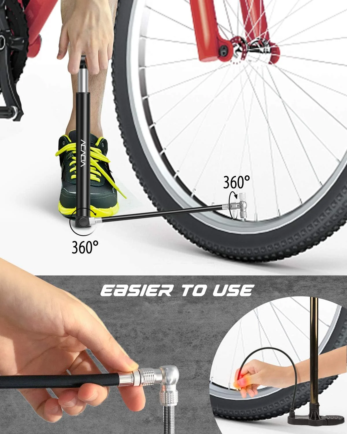 تلمبه مینی دوچرخه آکاسیا مناسب برای والف شرادر و پرستا به همراه بست نصب، ۱۳۰ PSI، ۱۰.۲ اینچ