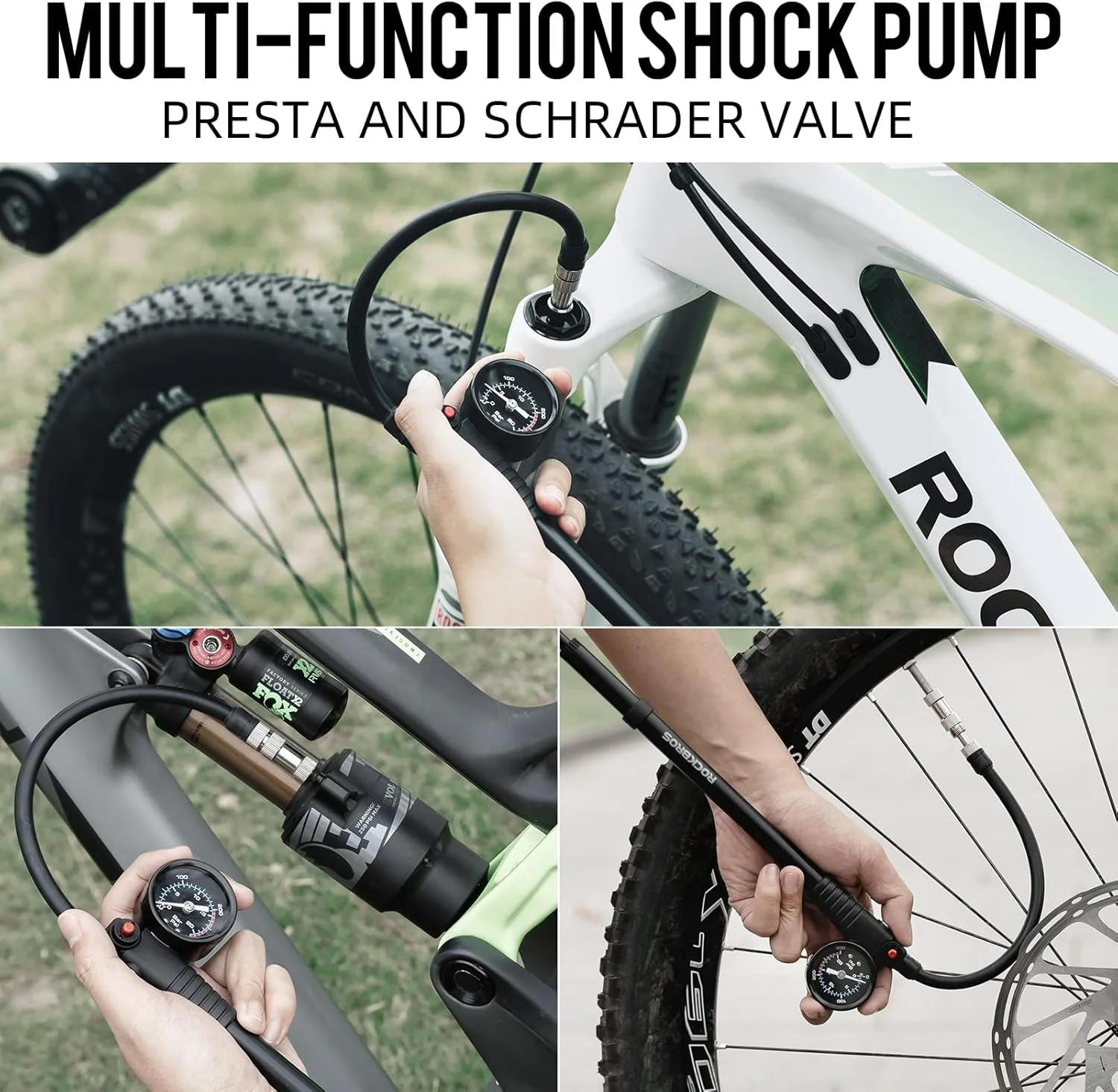 تلمبه شوک دوچرخه ROCKBROS فشار قوی 300 PSI برای شوک عقب و دوشاخ تعلیق، تلمبه باد لاستیک دوچرخه با گیج، شیر شرادر و پرستا برای دوچرخه های کوهستانی، جاده ای و موتورسیکلت