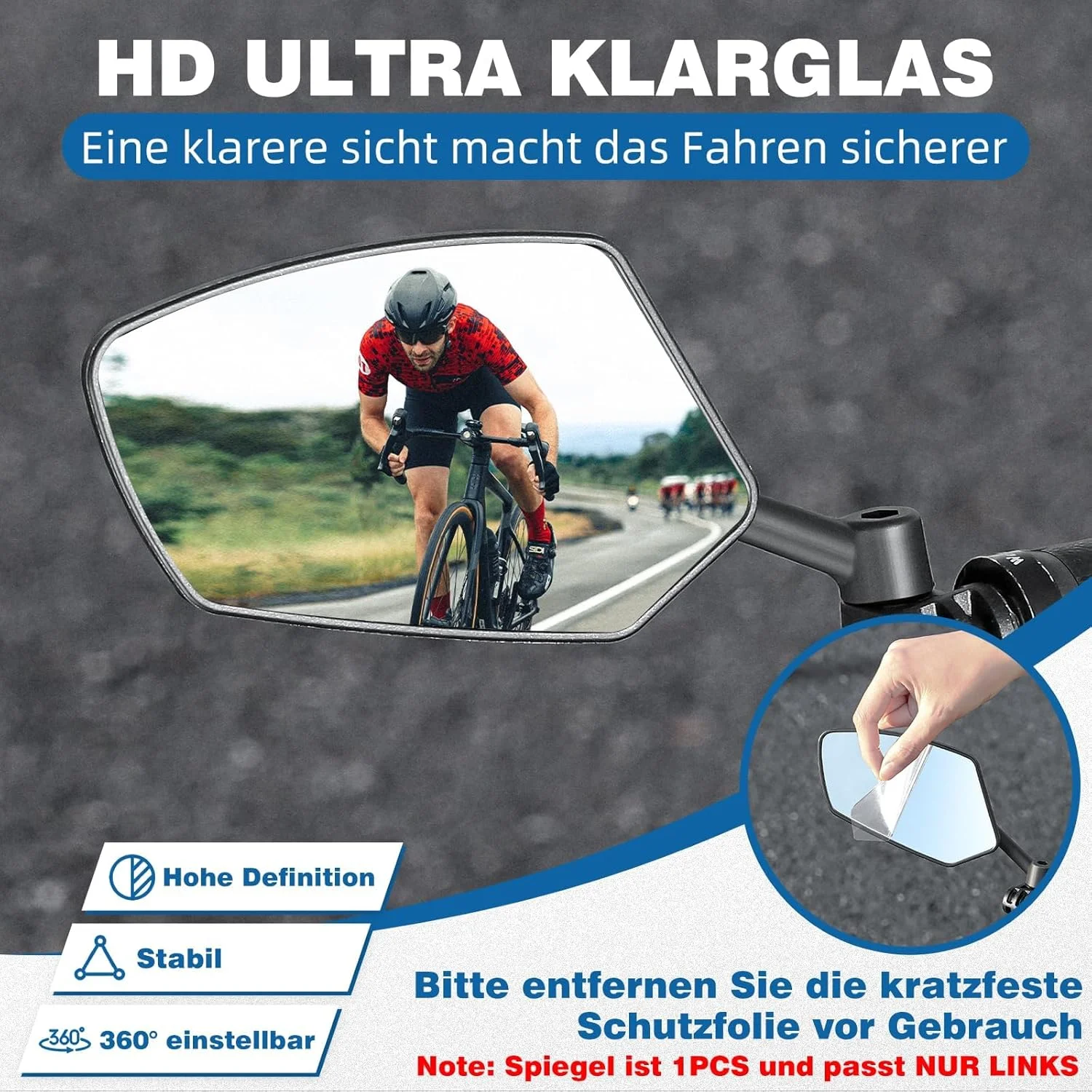 آینه دوچرخه WESTGIRL، ضد ضربه، آینه بزرگ HD، آینه دید عقب، دوچرخه، آینه دوچرخه قابل تنظیم برای دوچرخه های الکترونیکی، آینه انتهای فرمان جهانی (چپ)