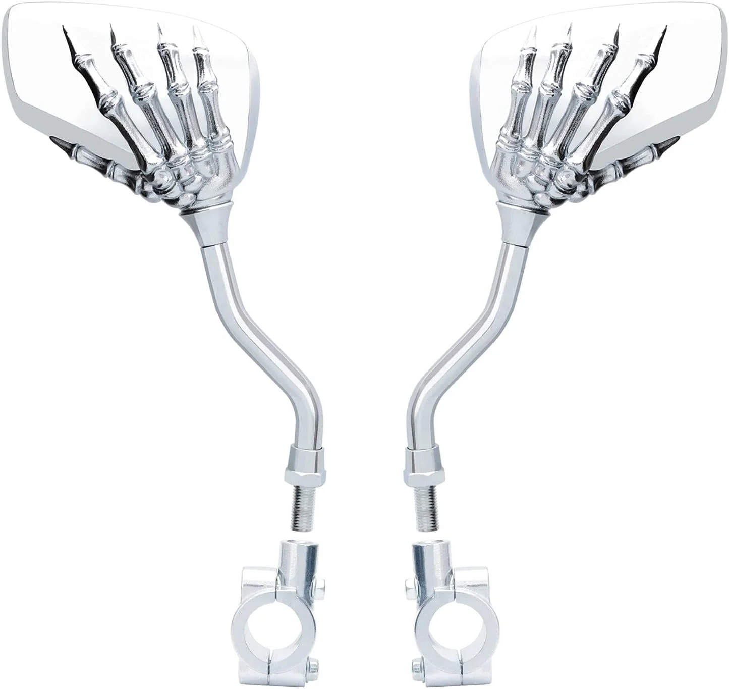 آینه دوچرخه، یک جفت، چند زاویه قابل تنظیم، آلومینیوم پرداخت شده، روکش کروم، طرح پنجه اسکلت، جهانی (نقره ای)