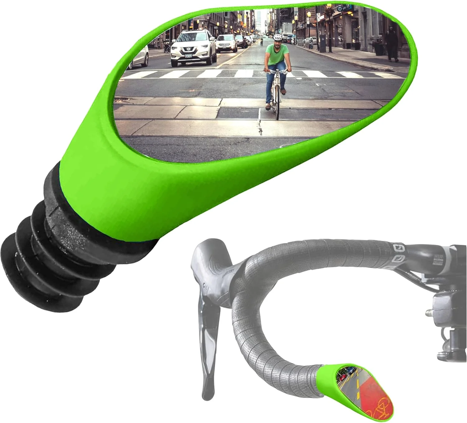 آینه دوچرخه محدب با روکش کروم ساخت سوئیس Sprintech برای فرمان‌های خمیده - پرداخت دستی، قابل تنظیم، سطح بازتابنده، محفظه ABS بادوام، مناسب برای دید عقب بهتر (سبز، تک)