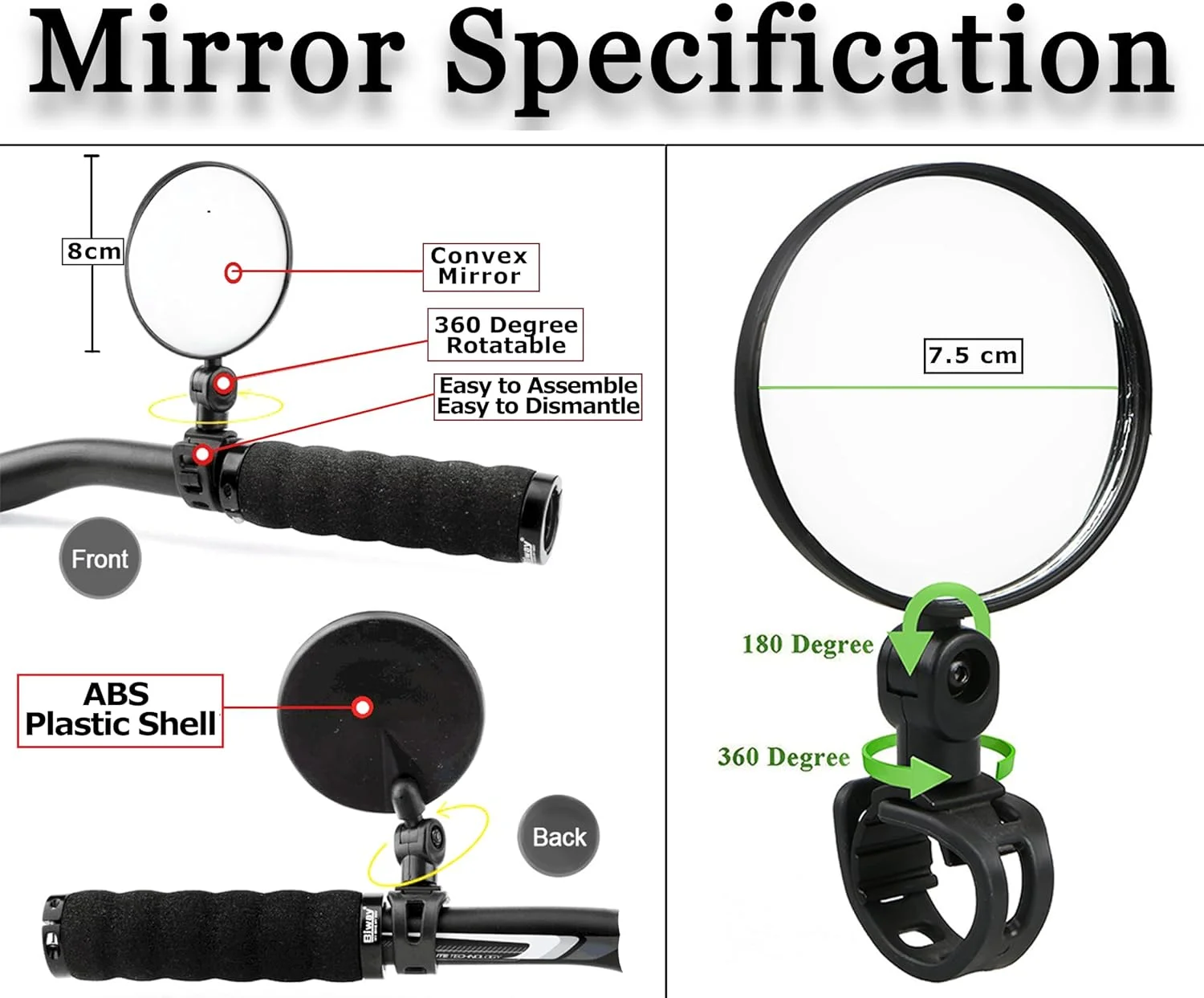 آینه بغل فرمان برای دوچرخه، اسکوتی | آینه دید عقب محدب قابل تنظیم جهانی برای رانندگی ایمن (بسته 2 عددی)
