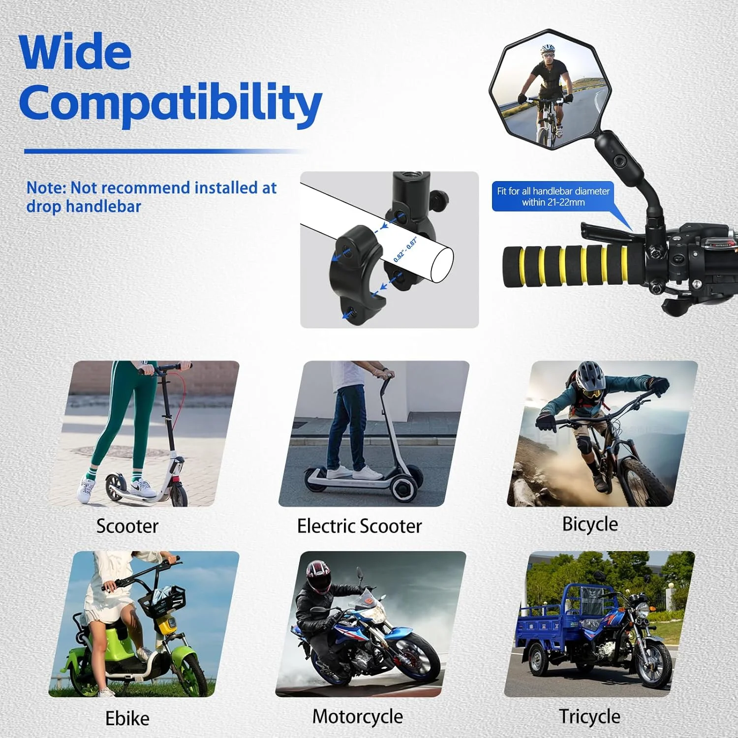 آینه دوچرخه (تکی)، آینه عقب ایمن دوچرخه قابل تنظیم و چرخش، لنز شیشه ای مقاوم در برابر خش