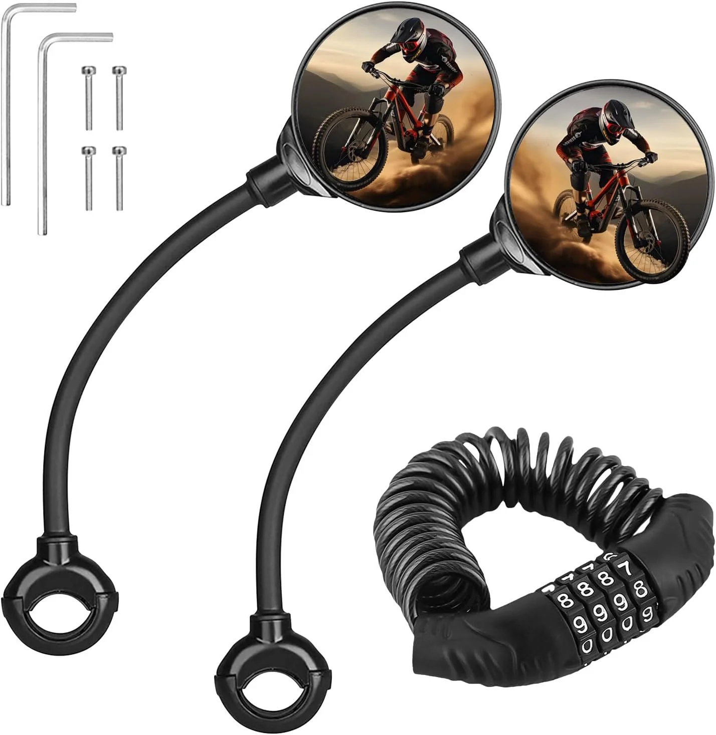 آینه دوچرخه، 1 جفت آینه فرمان دوچرخه با قابلیت چرخش 360 درجه، آینه های دید عقب با زاویه باز، آینه های محدب بال دوچرخه برای دوچرخه های کوهستانی و جاده ای، اسکوتر، همراه با قفل کابلی ضد سرقت رمزدار