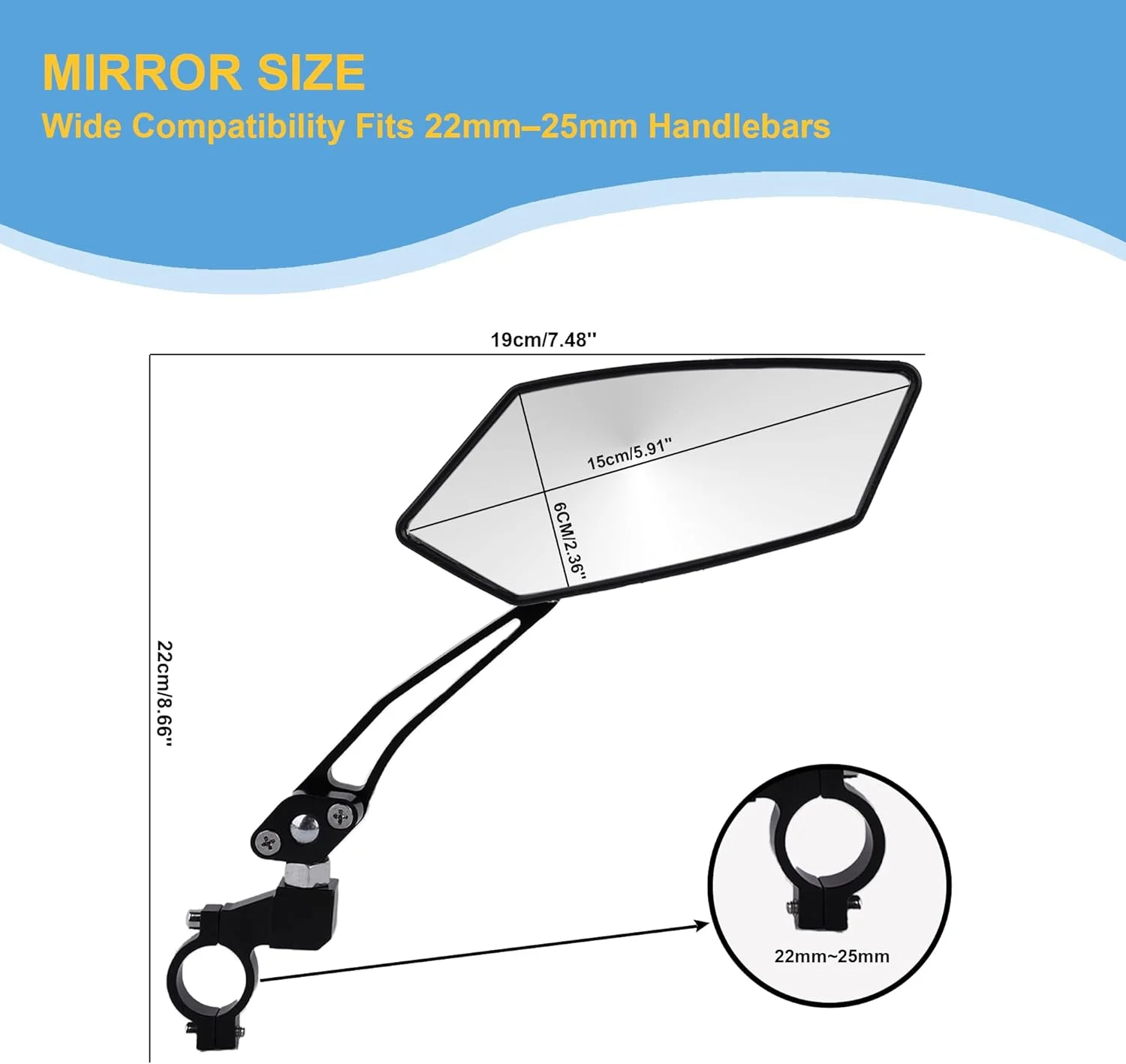 آینه های دوچرخه برای فرمان، دوچرخه برقی، اسکوتر و موتورسیکلت، آینه بزرگ HD ضد تابش نور با چرخش 360 درجه، بازوی بلند، مناسب برای فرمان های 22 تا 25 میلی متر
