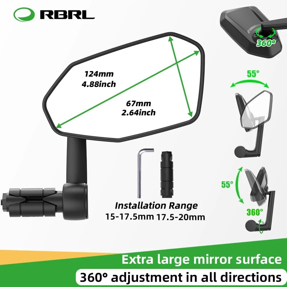 آینه دوچرخه RBRL، آینه دوچرخه بسیار بزرگ، آینه دید عقب دوچرخه با قابلیت تنظیم 360 درجه، ضد ضربه و بادوام، لوازم جانبی دوچرخه، آینه بغل دوچرخه برای دوچرخه برقی (راست)