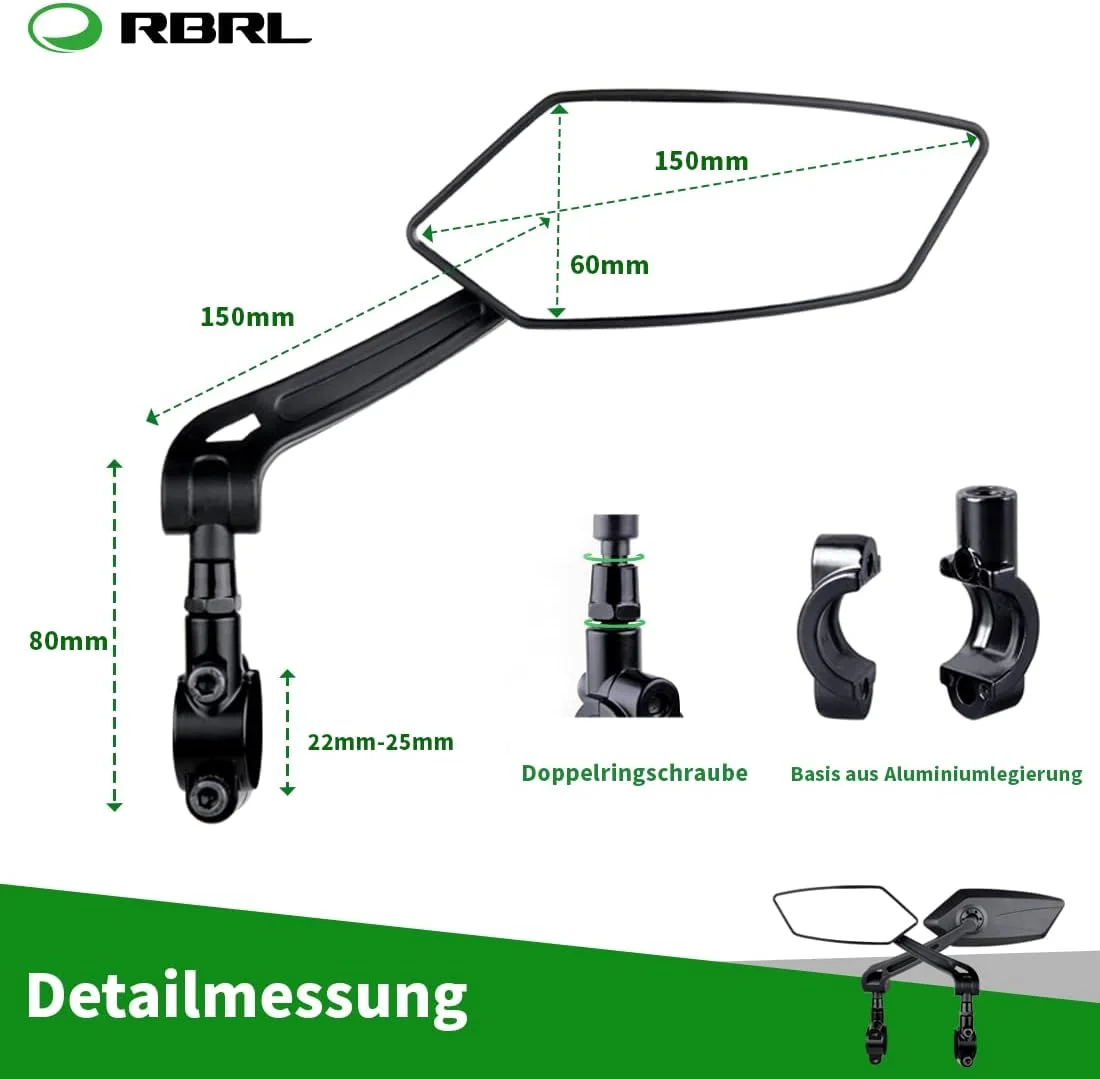 آینه دید عقب دوچرخه قابل تنظیم ضد انفجار RBRL - آینه دوچرخه برای دوچرخه های برقی، آینه دوچرخه جهانی برای فرمان با مدل های مختلف (چپ)