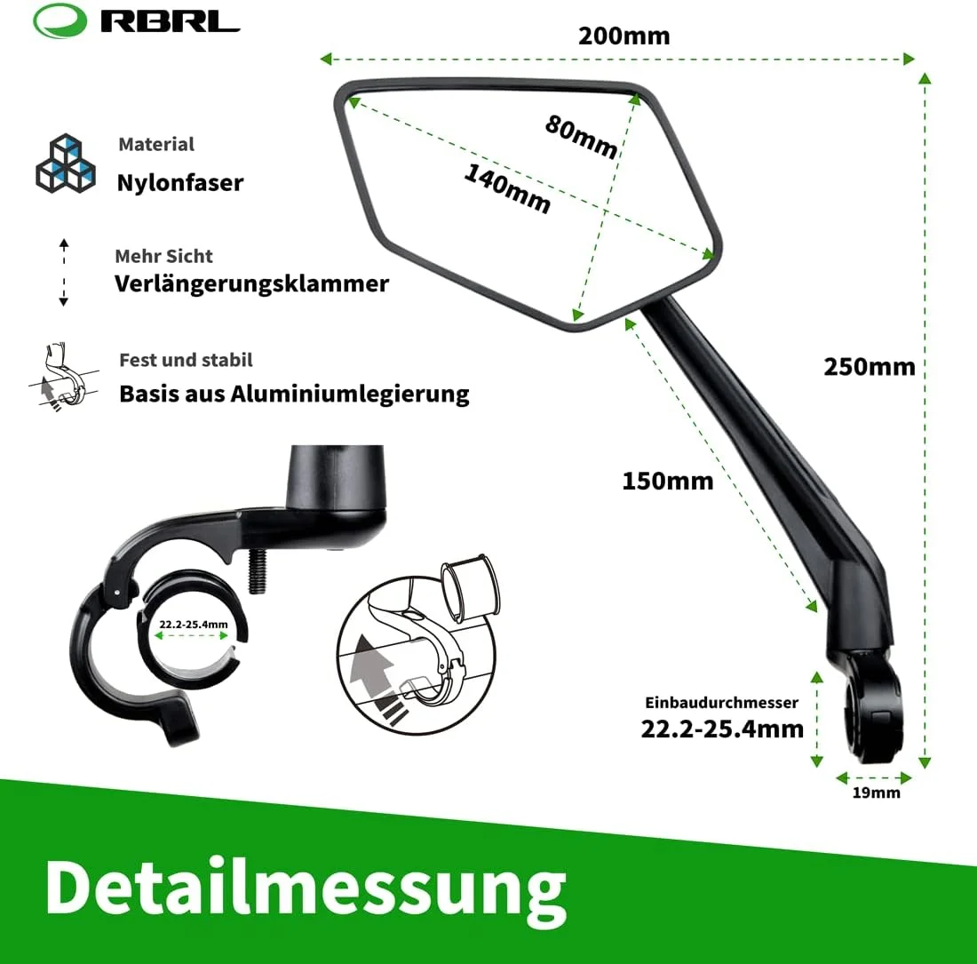 آینه دوچرخه RBRL، سطح آینه X-Wider، بازوی آینه بلندتر، آینه دید عقب مقاوم در برابر انفجار HD، آینه دوچرخه چرخشی قابل تنظیم برای دوچرخه های کوهستانی (مشکی-چپ)