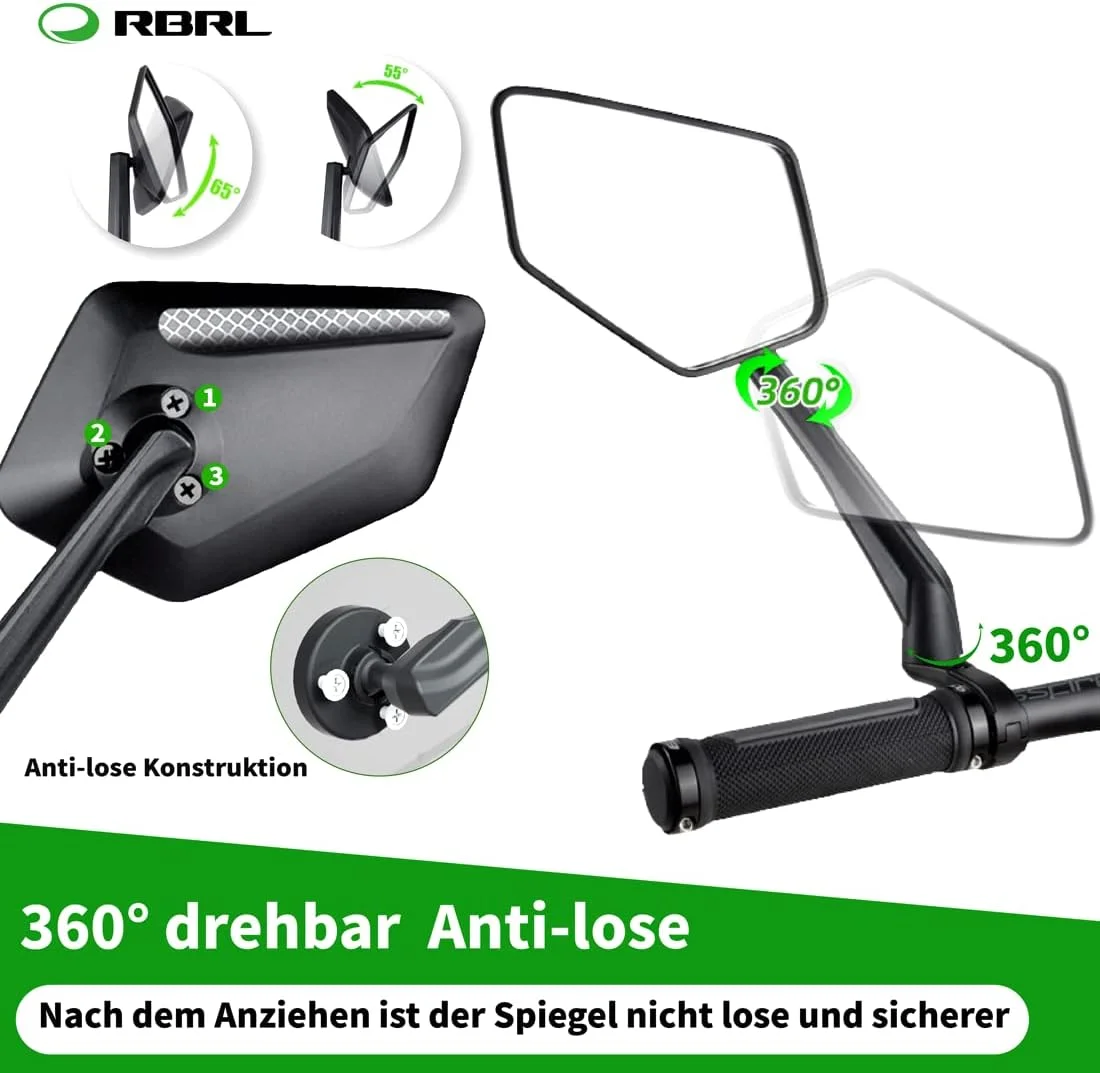 آینه دوچرخه RBRL، سطح آینه X-Wider، بازوی آینه بلندتر، آینه دید عقب مقاوم در برابر انفجار HD، آینه دوچرخه چرخشی قابل تنظیم برای دوچرخه های کوهستانی (مشکی-چپ)