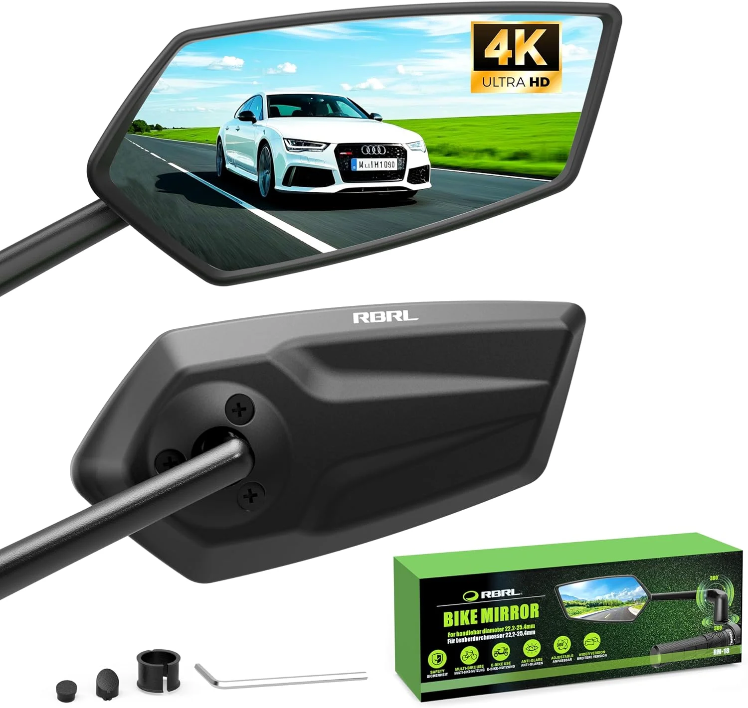 آینه دوچرخه RBRL، بازوی قابل تنظیم سه بعدی برای دسترسی بیشتر، آینه‌های دید عقب دوچرخه آلیاژ آلومینیوم ضد لرزش، دید عقب پانوراما 360 درجه، زاویه دید عریض ضد شکست و آینه تاشو دوچرخه برقی (یک ست)