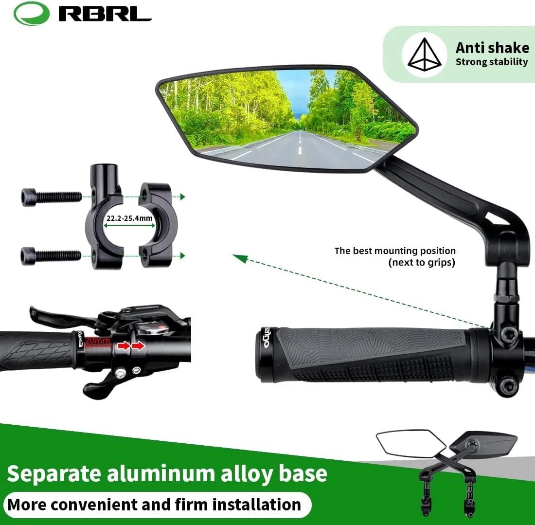 آینه دوچرخه RBRL، آینه دید عقب دوچرخه سواری با زاویه دید گسترده قابل تنظیم 360 درجه، آینه ایمن محدب HD ضد ضربه، جهانی برای دوچرخه کوهستانی و جاده