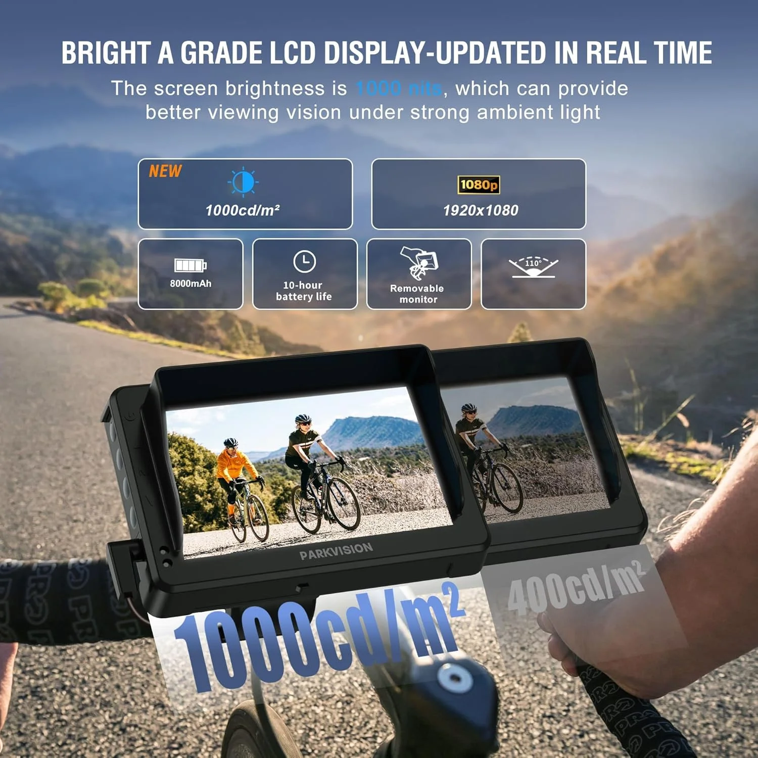 آینه دوچرخه PARKVISION نصب شده روی دسته، دوربین عقب دوچرخه با سایه بان ضد انعکاس نور، مانیتور 4.3 اینچی HD 1080P، باتری 8000 میلی آمپر، زاویه دید گسترده 120 درجه، دوربین دوچرخه برای کوهستان، دوچرخه برقی، دوچرخه جاده