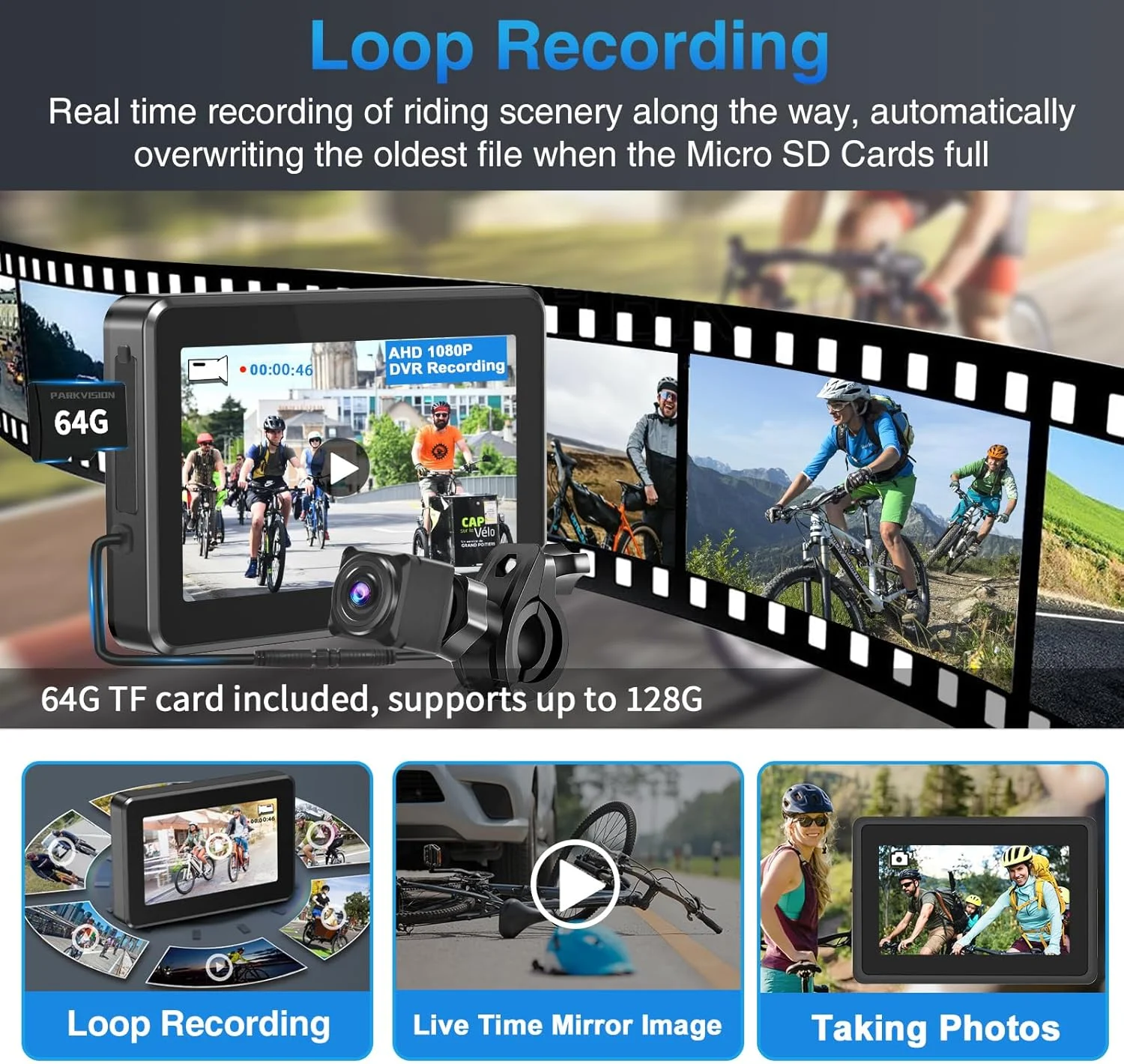 دوربین عقب دوچرخه PARKVISION با ضبط کننده، دوربین دوچرخه فرمان 1080P با مانیتور HD 4.3 اینچی، کارت TF 64 گیگابایتی، زاویه دید 110 درجه، دید در شب، دوربین پشتیبان/جلو برای کوهستان، دوچرخه های الکترونیکی