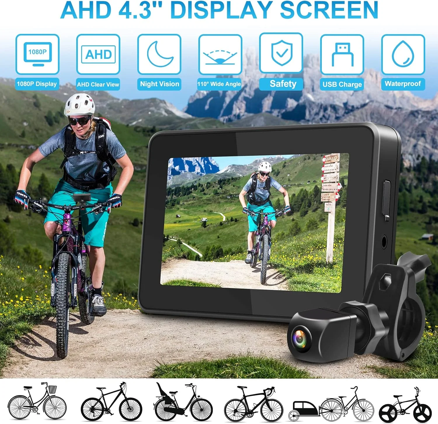 آینه دوچرخه PARKVISION، دوربین دید عقب دوچرخه با مانیتور 4.3 اینچی AHD 1080P، چرخش 360 درجه قابل تنظیم با دید در شب عالی، آینه فرمان دوچرخه برای دوچرخه کوهستانی، دوچرخه جاده