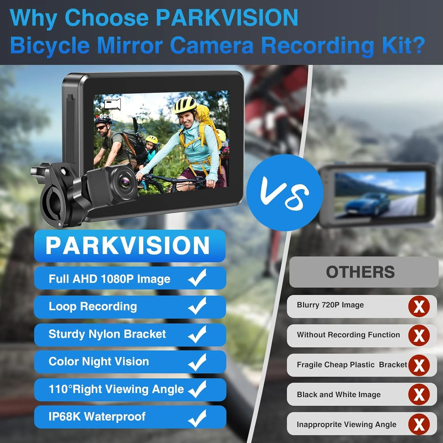 دوربین عقب دوچرخه PARKVISION با ضبط کننده، دوربین دوچرخه فرمان 1080P با مانیتور HD 4.3 اینچی، کارت TF 64 گیگابایتی، زاویه دید 110 درجه، دید در شب، دوربین پشتیبان/جلو برای کوهستان، دوچرخه های الکترونیکی