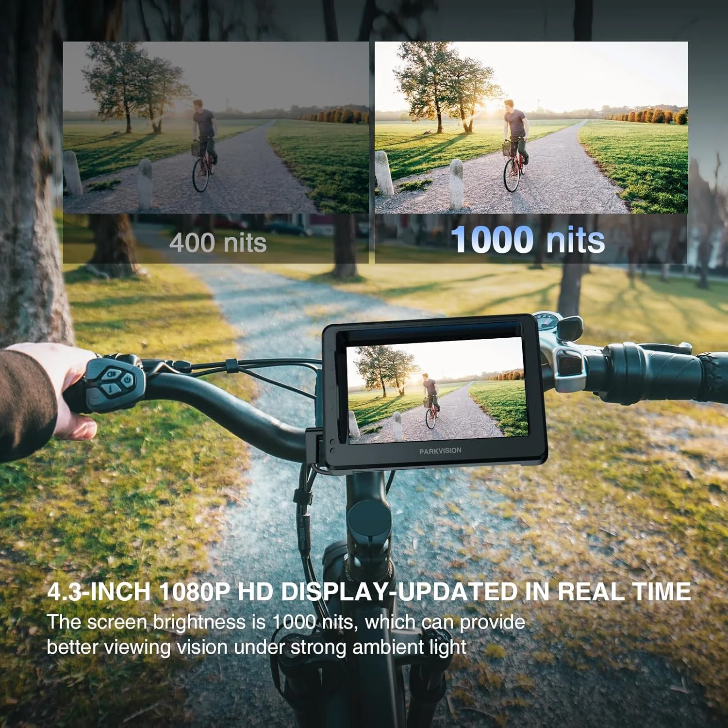 آینه دوچرخه PARKVISION روی دسته، دوربین عقب دوچرخه با آفتابگیر ضد انعکاس، مانیتور 4.3 اینچی HD 1080P، زاویه دید عریض 120°/100°/80°/60°، باتری 10000 میلی آمپر ساعتی، دوربین دوچرخه برای کوهستان آینه دوچرخه PARKVISION روی دسته، دوربین عقب دوچرخه با آفتابگیر ضد انعکاس، مانیتور 4.3 اینچی HD 1080P، زاویه دید عریض 120°/100°/80°/60°، باتری 10000 میلی آمپر ساعتی، دوربین دوچرخه برای کوهستان