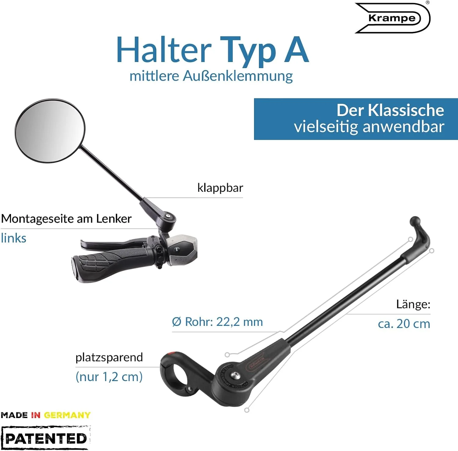 آینه گرد تاشو دوچرخه Krampe KF1 مدل A | فقط قابل نصب در سمت چپ | برای انواع دوچرخه ها