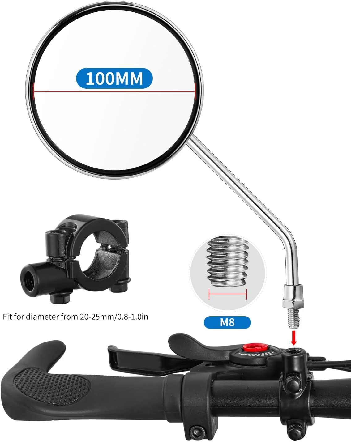 آینه دید عقب فرمان دوچرخه جولای، آینه ایمن و شفاف جهانی قابل تنظیم و چرخان برای دوچرخه کوهستان، دوچرخه جاده، دوچرخه برقی، اسکوتر موتورسیکلت با پیچ 8 میلی متری (1 جفت محدب)