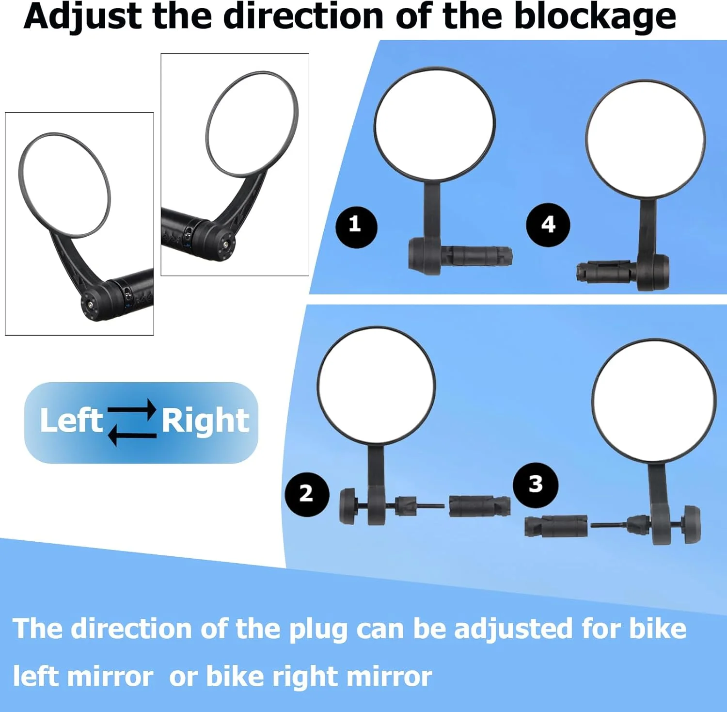 آینه دوچرخه، آینه انتهای فرمان، قابل چرخش و تنظیم زاویه باز، نصب بر روی دسته فرمان دوچرخه، شیشه آینه محدب ملایم شفاف و ایمن برای دوچرخه های الکترونیکی، آینه دید عقب ضد ضربه جهانی دوچرخه
