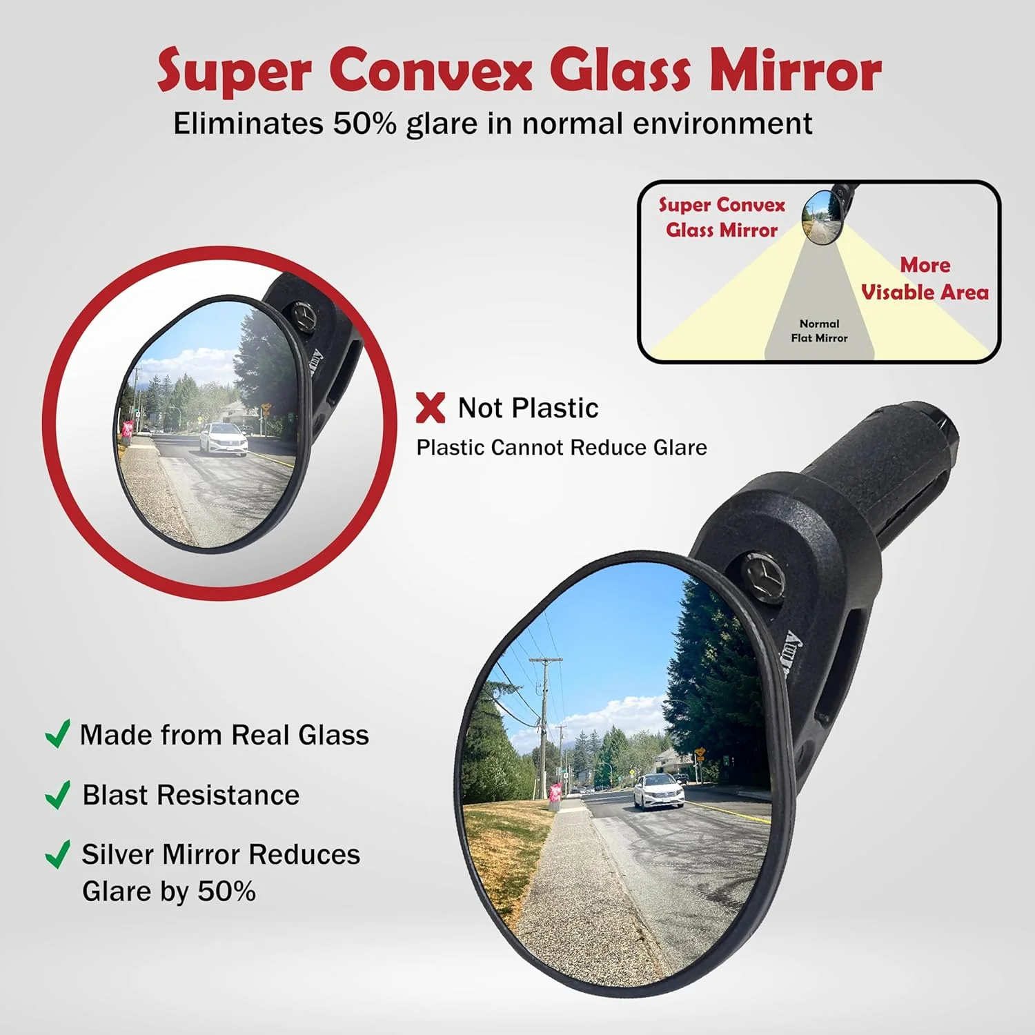 آینه انتهای فرمان دوچرخه کورسی Hafny، آینه شیشه ای محدب آبی، مدل HF-M956S-FR06 (نقره ای)