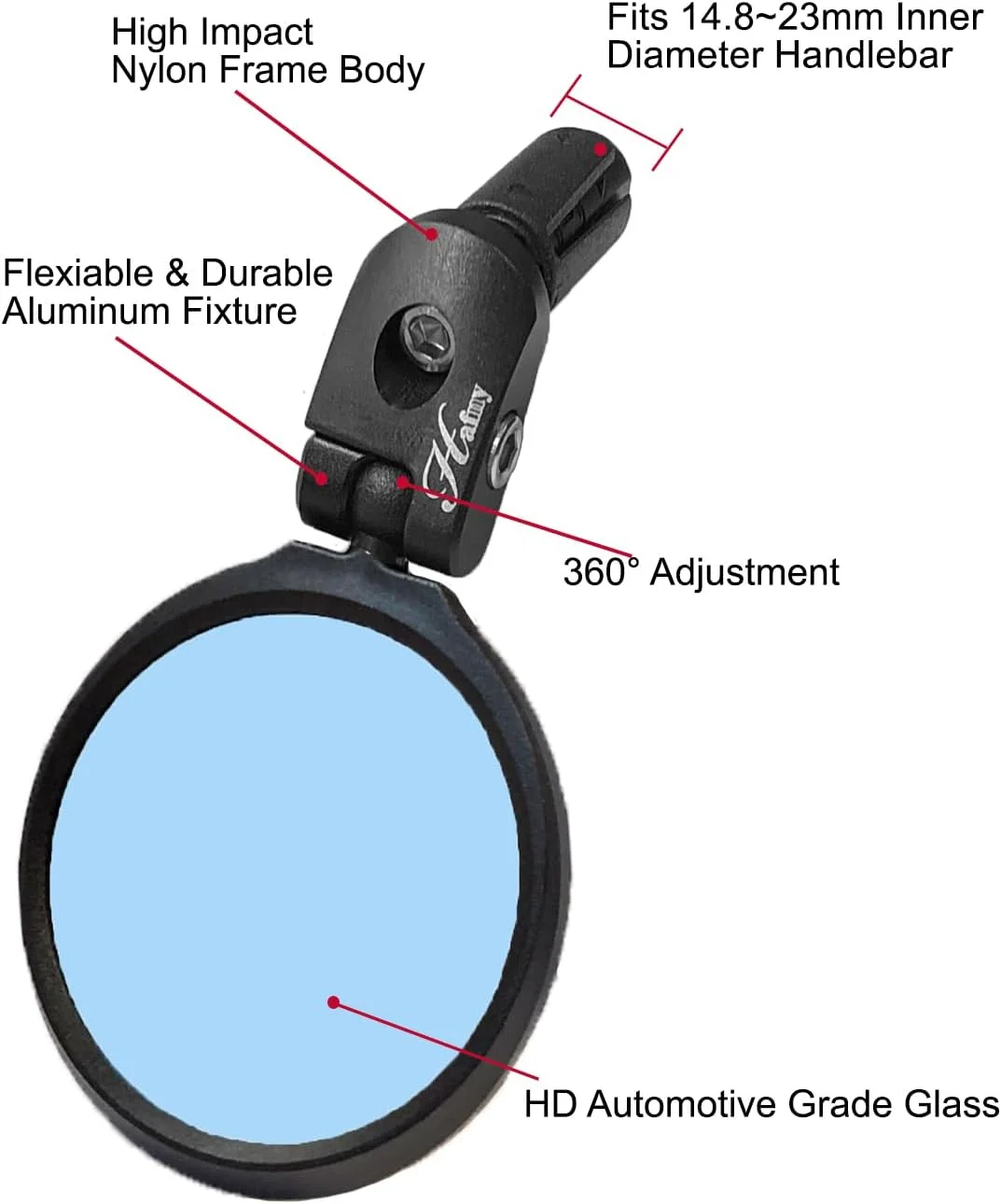 آینه دوچرخه Hafny نصب شونده در انتهای فرمان، HD، مقاوم در برابر ضربه، آینه شیشه ای، HF-MR090، HF-M951B-FR03، 2 عدد (شیشه آبی ضد تابش، 60mm * 2 عدد)