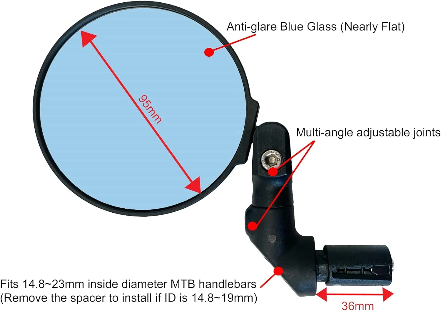 آینه دوچرخه برقی جدید Hafny، آینه های بزرگ دوچرخه برای دوچرخه برقی، آینه دوچرخه شیشه ای درجه خودرو HD، آینه دوچرخه سواری مقاوم در برابر انفجار ایمن (HF-M958S-FR08) (شیشه آبی ضد تابش)